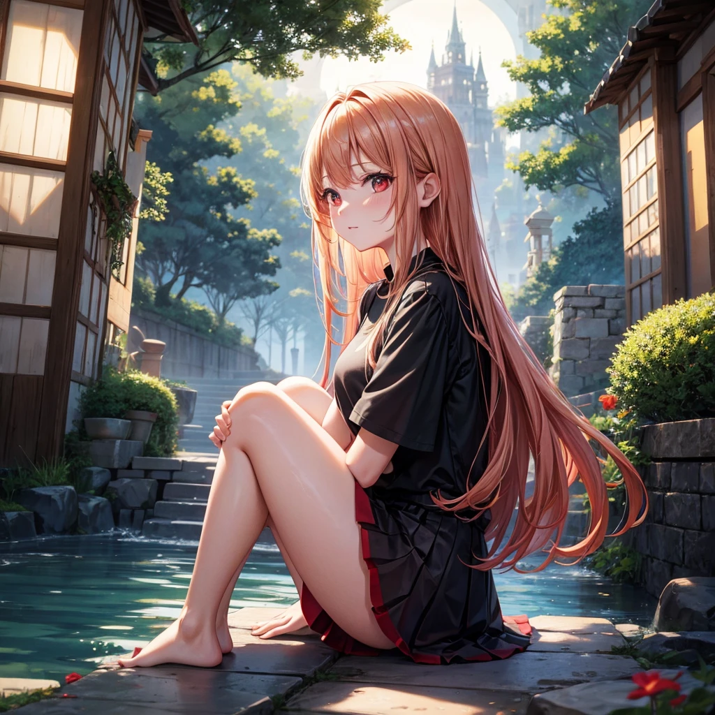 Red-blonde、Red eyes、One cute girl、solo、And soul、Light clothing、Checked mini skirt、petal、Wet hair、Sit on、black t-shirts、large tree、cloud、full moon、monster castle、lanthanum、Hell's Gate、Craft Gatekeeper、barefoot、Stones are piled up、Devil