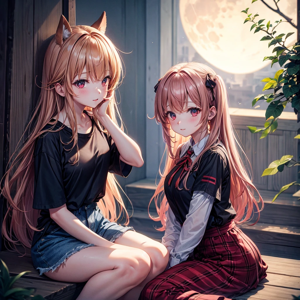 Red-blonde、Red eyes、One cute girl、solo、And soul、Light clothing、Checked mini skirt、petal、Wet hair、Sit on、black t-shirts、large tree、cloud、full moon、monster castle、lanthanum、Hell's Gate、Craft Gatekeeper、barefoot、Stones are piled up、Devil