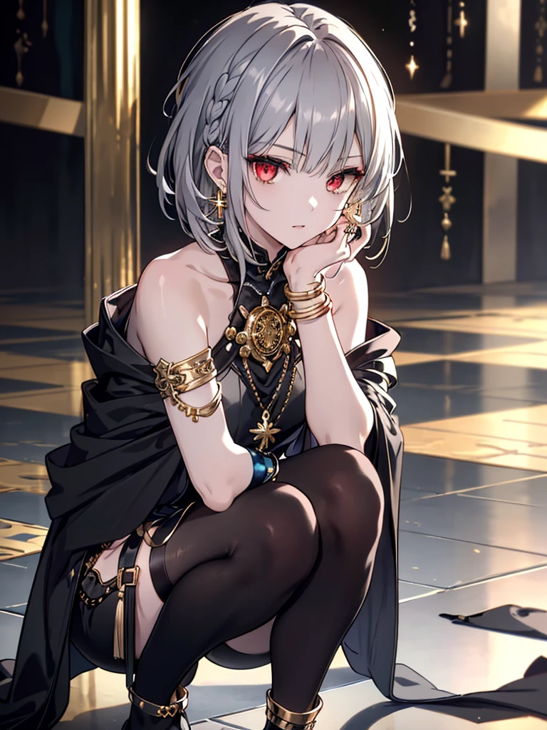 8k,High resolution RAW color art,Anime Art,Silver Marble Skin, (((Very detailed and cool))), Detailed skin, Bokeh、texture,(Exquisitely crafted, The finer details, Ultra-detailed art), (((1 girl))), Depth of written boundary, Silky Touch, Hyper Detail, (((Cool face))), eye shadow、woman, Beautiful detailed red eyes, Beautiful lip detail, Highly detailed face, Delicate depiction of hair and eyes, Detailed Fashion, Golden earrings,(((Knee))), Black half top、(((Shoulder Bare)))、Black shorts、Waist Cloak、black tights、Golden decoration, Grey Hair, Golden bracelet, Straight Hair、Short Hair、(((Hair)))、Ruined City、Crouching、