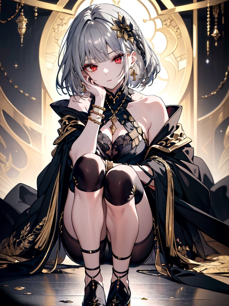 8k,High resolution RAW color art,Anime Art,Silver Marble Skin, (((Very detailed and cool))), Detailed skin, Bokeh、texture,(Exquisitely crafted, The finer details, Ultra-detailed art), (((1 girl))), Depth of written boundary, Silky Touch, Hyper Detail, (((Cool face))), eye shadow、woman, Beautiful detailed red eyes, Beautiful lip detail, Highly detailed face, Delicate depiction of hair and eyes, Detailed Fashion, Golden earrings,(((Knee))), Black half top、(((Shoulder Bare)))、Black shorts、Waist Cloak、black tights、Golden decoration, Grey Hair, Golden bracelet, Straight Hair、Short Hair、(((Hair)))、Ruined City、Crouching、
