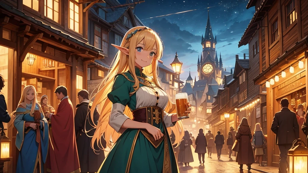 Anime style illustration of a fantastic bustling medieval street during a festival. Intricate vertical architecture with wood and stone buildings, pointed arches and towers rising into a bright blue sky. Narrow streets filled with people in fancy clothes. Garlands of lights and colored pennants cross the street. Spotlight, a young smiling elf woman with long blonde hair and pointed ears, wearing a traditional costume and holding a mug of beer. Warm, golden sunset lighting creates a cozy and festive atmosphere. Detailed and vibrant animation style, reminiscent of the works of Studio Ghibli mixed with elements of role-playing games. Rich, saturated colors, especially in warm tones: golden, brown, green and blue. Meticulous attention to background details and textures. The general atmosphere is happy and magical, capturing the essence of a fantasy world in full celebration