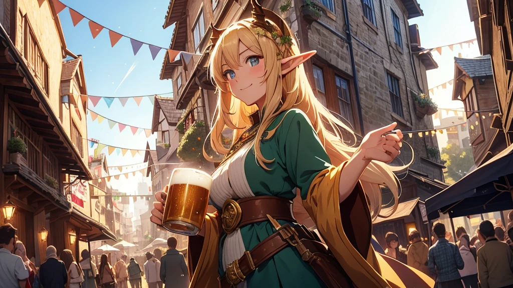 Anime style illustration of a fantastic bustling medieval street during a festival. Intricate vertical architecture with wood and stone buildings, pointed arches and towers rising into a bright blue sky. Narrow streets filled with people in fancy clothes. Garlands of lights and colored pennants cross the street. Spotlight, a young smiling elf woman with long blonde hair and pointed ears, wearing a traditional costume and holding a mug of beer. Warm, golden sunset lighting creates a cozy and festive atmosphere. Detailed and vibrant animation style, reminiscent of the works of Studio Ghibli mixed with elements of role-playing games. Rich, saturated colors, especially in warm tones: golden, brown, green and blue. Meticulous attention to background details and textures. The general atmosphere is happy and magical, capturing the essence of a fantasy world in full celebration