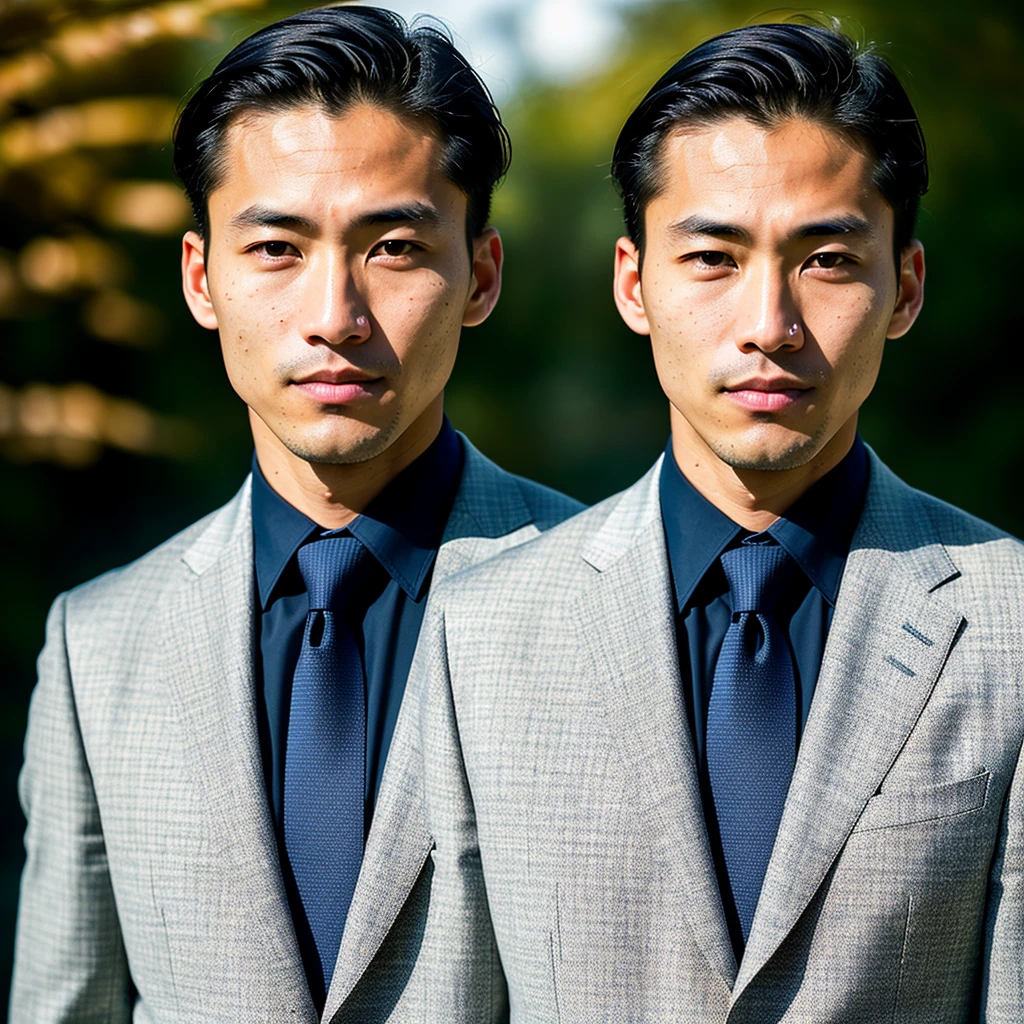 World Press Photo Award, (Award-winning photo: 1.3), (But in Japan, Beautiful Face, Young people, Japan skin color, Characteristics of Japanese men: 1.0), (Very clear photos: 1.1), (8k, born Photos, Highest quality: 1.3), (Realistic, Realistic, Navy blue check tie, suit: 1.1), challenging, moving, bring up ( Typical modern American man in the beautiful outdoors: 1.5), Analog Style (Show Viewer: 1.2) (Skin Texture) (Film Grain: 1.3), (Warm colors, Warm tones: 1.2), close, Cinematic Light, Side light, Ultra-high resolution, Best Shadow, born, Upper Body, Micro Geometry, Skin elasticity, Scattering of light through hair, Ambient Occlusion, Multi-layered Skin Shading, Facial muscle simulation, Rendering the iris and pupil, Advanced Color Grading