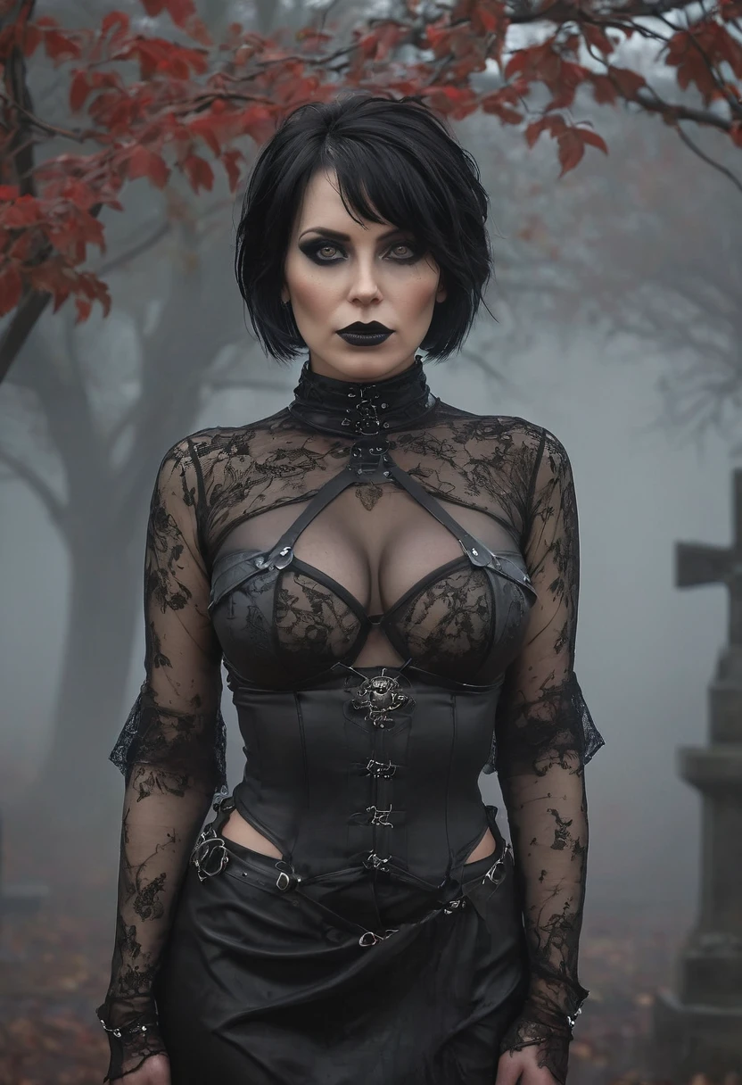 full body gothic alternative mature female wearing a bondage masque, latex, beautiful detailed eyes, beautiful detailed lips, extremely detailed face and eyes, long eyelashes, red eyes, short black hair, big natural breasts, multiple ear piercings, standing in a dark cemetery, deep fog and mist, cinematic lighting, dramatic shadows, moody atmosphere, dark fantasy, photorealistic, 8k, high quality, masterpiece, ((consistent character)), ((seed 90))