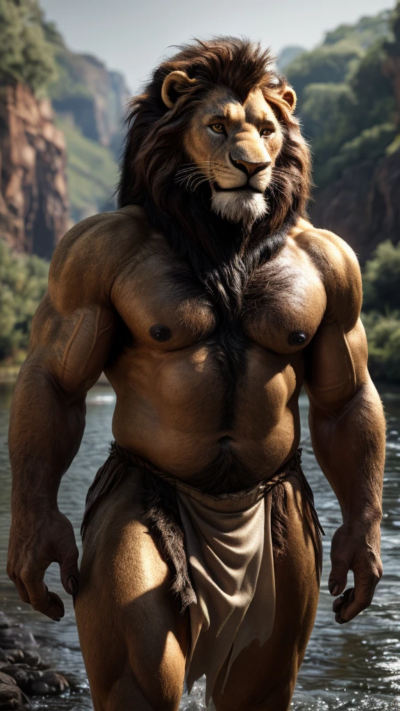 ((Realistic)), upload on e621, by Garmash,Ruan Jia, darkgem, anthro, male, ((( detailed fluffy fur))),((chest hair)), ((standing)), detailed realistic painting, (((biceped))),((dad bod)), (((shaded,Ray tracing,top left lighting))) extreme detail, ((Lion)), ((old)),(((Loincloth))),(((Shirtless))),brown body,((hard nipples)),smilling, ((river background))
