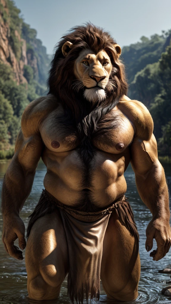 ((Realistic)), upload on e621, by Garmash,Ruan Jia, darkgem, anthro, male, ((( detailed fluffy fur))),((chest hair)), ((standing)), detailed realistic painting, (((biceped))),((dad bod)), (((shaded,Ray tracing,top left lighting))) extreme detail, ((Lion)), ((old)),(((Loincloth))),(((Shirtless))),brown body,((hard nipples)),smilling, ((river background))