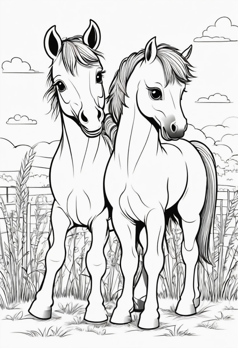 A clean and simple black and white drawing to color, featuring an adorable baby horse. the little horse will be busy playing with his little twin brother near the straw and the straw, both of them showing their cheerful spirit by showing his cheerful spirit. The illustration is designed with bold, thick lines, perfect for children to fill in with color. The overall style is reminiscent of classic cartoon characters, creating a cheerful and pleasant atmosphere., illustration, illustration