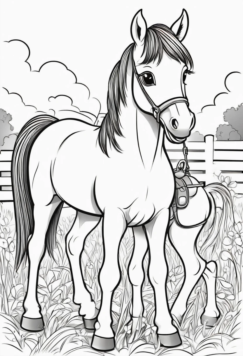 A clean and simple black and white drawing to color, featuring an adorable baby horse. the little horse will be busy playing with his little twin brother near the straw and the straw, both of them showing their cheerful spirit by showing his cheerful spirit. The illustration is designed with bold, thick lines, perfect for children to fill in with color. The overall style is reminiscent of classic cartoon characters, creating a cheerful and pleasant atmosphere., illustration, illustration