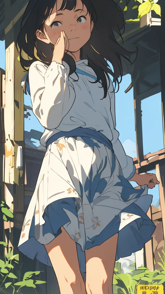 reasonable design, Clear lines, High Sharpness, (highest quality,8K,Perfect sharpness,Ultra fine,High resolution,masterpiece:1.2), Perfect Anatomy:1.5, Official Art, Illustrations that tell a story, (Whitish background:0. 9)、Body Positivity、More Mr.Physical expression、(Random and mischievous poses)、Perfect beauty、Perfect beautiful face、Strong winds、A rich expression、Dynamic composition、smile、Golden ratio composition、colorful、(Mr.Different angles and perspectives)、anime art、mini skirt、(Overcoming stereotypes)、 Glowing Skin、(Natural beauty)、smile、bangs、Straight Hair、(Soft and flowing hair)、(Rural Scenery)、(Nostalgic atmosphere)、Insert up to the thighs、(Playful and carefree)、(More Mr.Ethnic characters)、(innocent attitude)、(Sunny atmosphere)、Skirt flipped up、(Bright colors)、Belly button exposed、Beautiful Eyes、A skirt fluttering in the wind、Put it in to your feet、Some composition patterns、sensuous、Geometric pattern、emotional、Symposium cover、