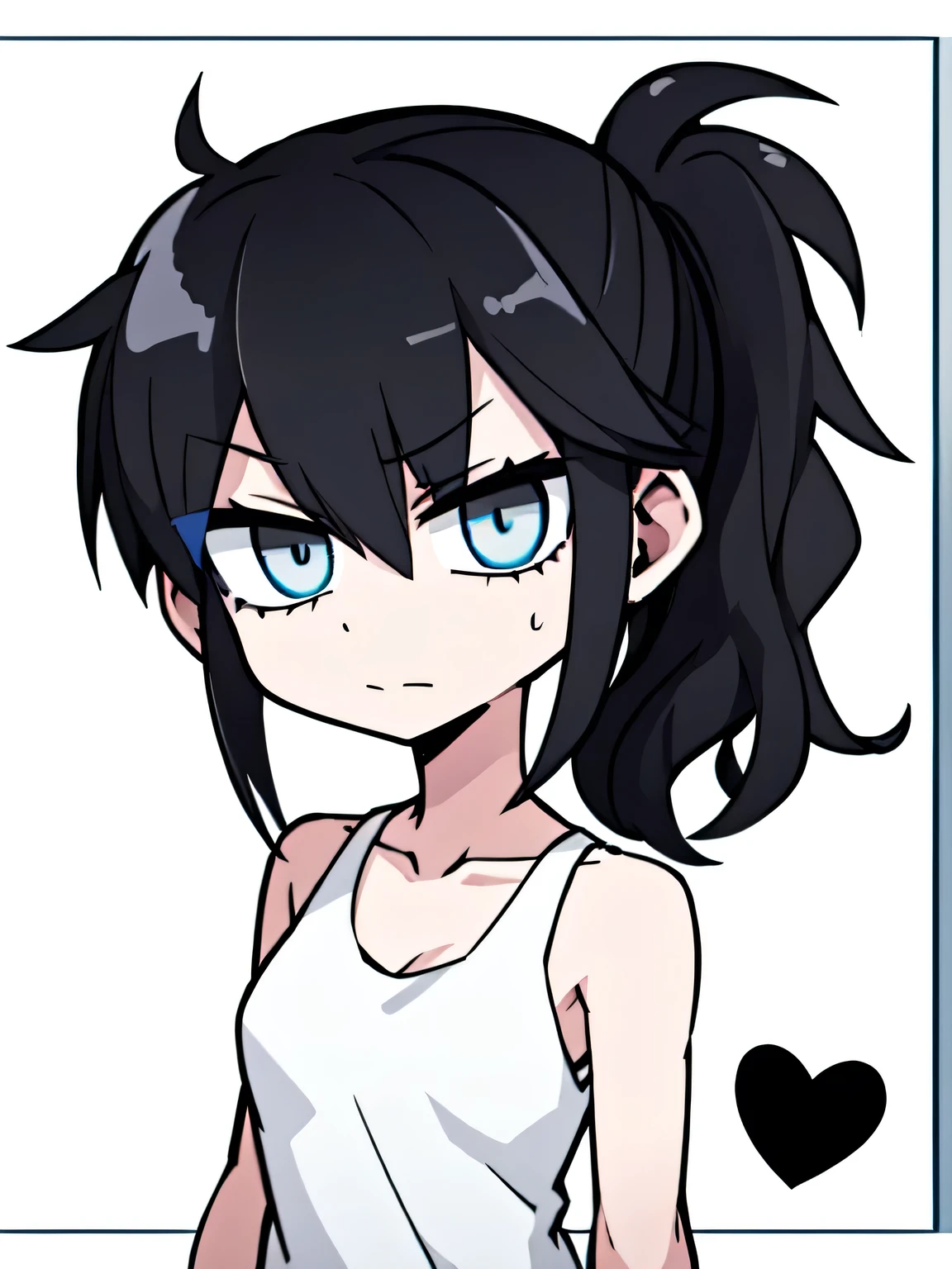 1girl,solo,upper body,black curly hair,ponytail,(((blue eyes))),white tanktop,white background