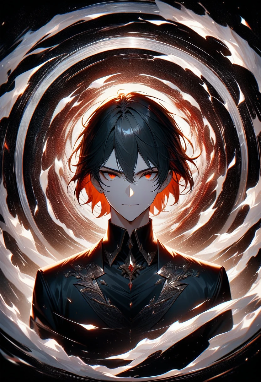 ultra detailed,Man, handsome,with black hair,analog photography,8K, high definition resolution, High resolution,super detailed,(Masterpiece: 1.4),white flame,red flame,concentric circles