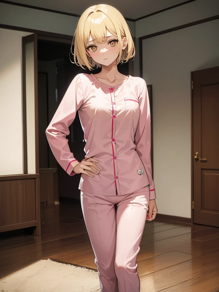 She has short blonde hair, yellow eyes with a heart in the center, she is wearing short, pink pajamas with a pattern of cute teddy bears, she is standing in the living room, with her arms crossed looking at me with a jealous face, She is 18 years old, has small breasts, and is short in height.