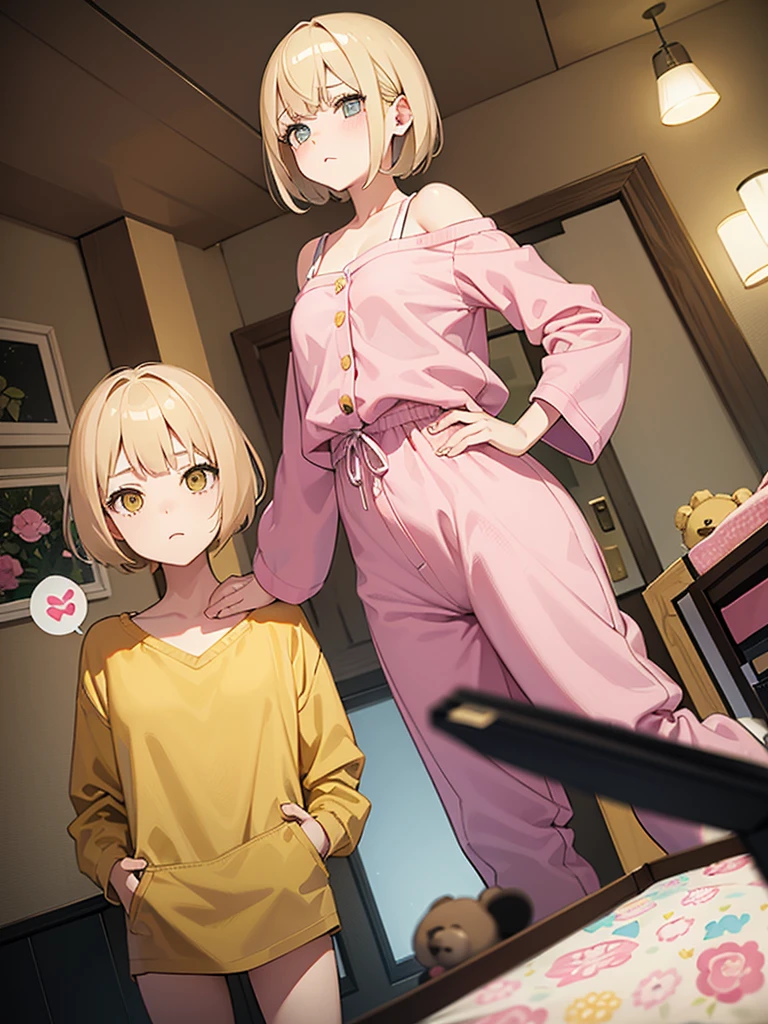 She has short blonde hair, yellow eyes with a heart in the center, she is wearing short, pink pajamas with a pattern of cute teddy bears, she is standing in the living room, with her arms crossed looking at me with a jealous face, She is 18 years old, has small breasts, and is short in height.