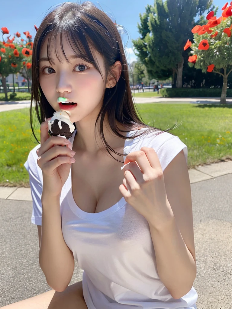 (Cute girl with slender small breasts in white shirt:1.5)、(Girl eating soft-serve ice cream with her mouth open:1.3)、(A park with a blue sky with poppies blooming:1.3)、(Anatomically correct:1.3)、(Complete Hand:1.3)、(Full Finger:1.3)、(Cleavage)、Photorealistic、RAW Photos、Tabletop、Highest quality、there is nothing、Delicate and beautiful、Perfect Face、Beautiful attention to detail、Fair skin、Real human skin、pores、((Thin legs))、(Black Hair), Beautiful G cup, Beautiful nipples, topless