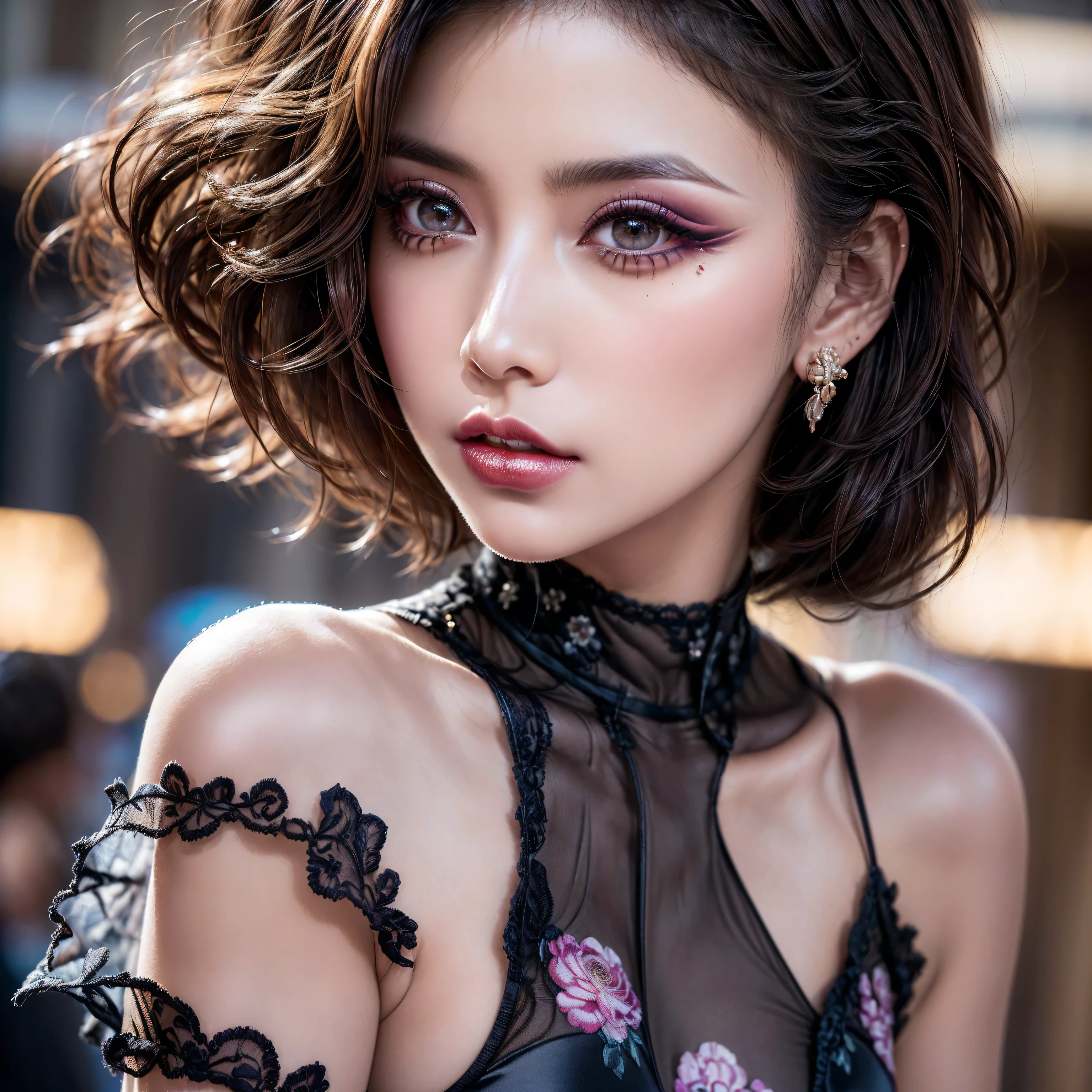 ((Make your subject look three-dimensional with the contrast of light and shadow)), ((show 1 woman, 24 years old, famous actress, confidently walks 3/4 sideways on the red carpet, Film Awards Gala, looks at the viewer, (photo from head to knees: 1.3)), photorealistic Realism 8K, 16K Quality,((small round head)),(high detailed realistic Super beautiful slim and sharp-face), (best highest detailed realistic black eyes:1.4), ((super realistic sharp-eyes)), (tired and sleepy and satisfied:0.0), (close up of a woman's eyes), perfect round eyes, finely detailed pupils,BREAK,detailed lips:1.3,pink_makeup:1.22, long_blue_eyeliner:1.28, red_lipstick:1.35,(perfect dark_eyeshadows:1.45), (super detailed professional makeup on eyes:1.3), (Detailed nose:1.2), Depth of field, cinematic light, Lens flare, (hyper beautiful face, beautiful lips , Beautiful eyes), hyper detail face, ((Ultra detailed skin)), best high quality real texture skin, (A woman with velvety skin:1.3), ((best high quality real texture hair)), (short blonde hair, (wavy, combed up, behind the ear), hyper detailed)), Representative work, official art, Professional, firm big full breasts, (narrow waist:1.3),(small ass), perfect thighs, slim belly:1.2, (slim muscled body), (she is the embodiment of beauty and allure, ((Dressed in a breath taking, silk Dolce&Gabbana Floral dress)), elegant and sophisticated fashion:1.3), floral couture, clothes made of silk and flower, (he wears (jewelry, bracelets, pendants)). Proportions are based on a 7.5 head scale