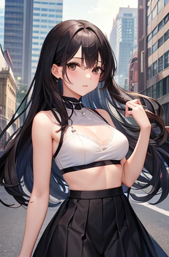 Highest quality, High resolution,1 female,thin、Small face、Brown eyes、expensive、city、Black hair break、Long Hair、White Bra Top Break、(Black Skirt:1.2)、(Beautiful woman:1.5)、Age 25、mature、Abdominal Peek,,Big Breasts
