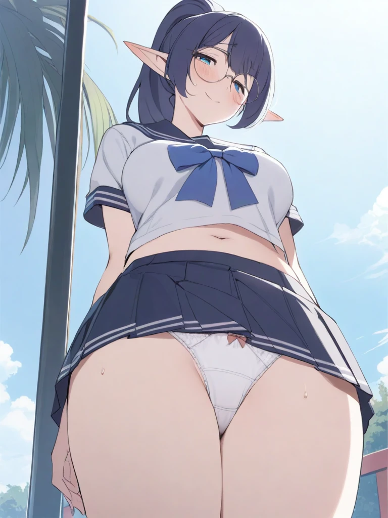 masterpiece, best quality, high quality, beautiful anime character, solo, anime girl with dark blue hair, messy hair, medium length hair, (huge long ponytail, ponytail), blue eyes, elf ears, slightly big breasts, mature female, tall female, big girl, thick, (shy, calming face, blush, light smile, loving eyes), outdoors, ((sailor uniform, ribbon, short pleated skirt)), showing rear, slim thick, short medium hair, short sleeves, round glasses, legs, navel, (from below view, from below, panties peeking, white panties)