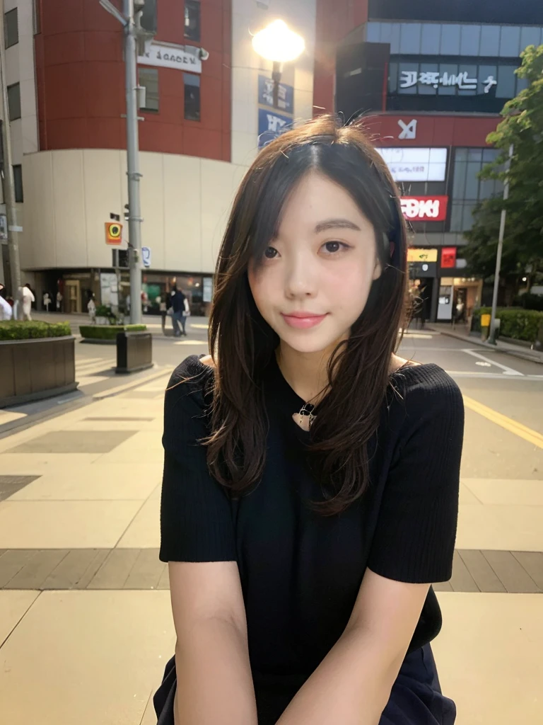 High resolution, Highest quality, Perfect dynamic composition, Beautiful attention to detail, Off the shoulder、Shiny Hair、Medium Hair, Natural color lip, university student、Harajuku、smile、Crouching、M-shaped feet