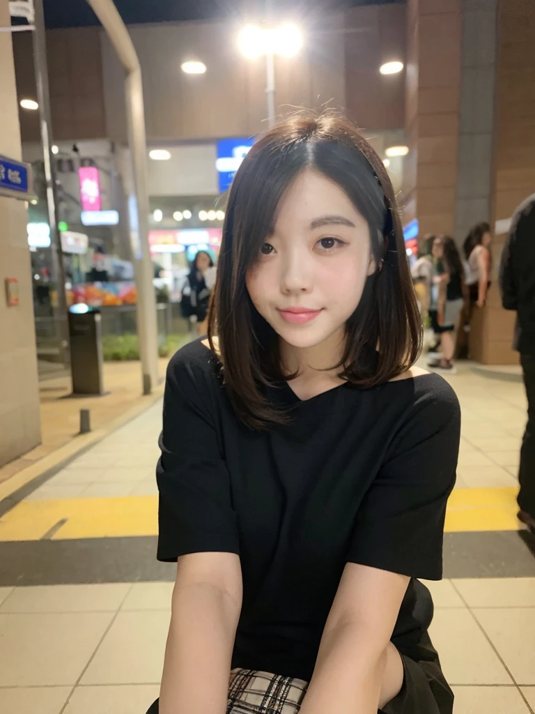 High resolution, Highest quality, Perfect dynamic composition, Beautiful attention to detail, Off the shoulder、Shiny Hair、Medium Hair, Natural color lip, university student、Harajuku、smile、Crouching、M-shaped feet