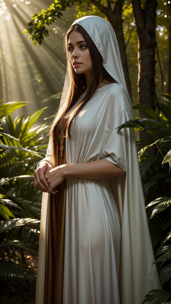 a beautiful woman in a long flowing dress as if she were a nun, standing in a central place amidst very tall imposing trees, with a ray of sunlight shining down on her, (best quality,8k,highres,masterpiece:1.2),ultra-detailed,(realistic,photorealistic,photo-realistic:1.37),(portrait,chiaroscuro,dramatic lighting),dramatic lighting,detailed facial features,detailed hands and dress,intricate details in the trees,lush foliage,dramatic shadows,warm golden sunlight,rich colors,cinematic composition