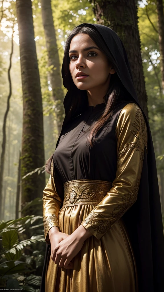 a beautiful woman in a long flowing dress as if she were a nun, standing in a central place amidst very tall imposing trees, with a ray of sunlight shining down on her, (best quality,8k,highres,masterpiece:1.2),ultra-detailed,(realistic,photorealistic,photo-realistic:1.37),(portrait,chiaroscuro,dramatic lighting),dramatic lighting,detailed facial features,detailed hands and dress,intricate details in the trees,lush foliage,dramatic shadows,warm golden sunlight,rich colors,cinematic composition