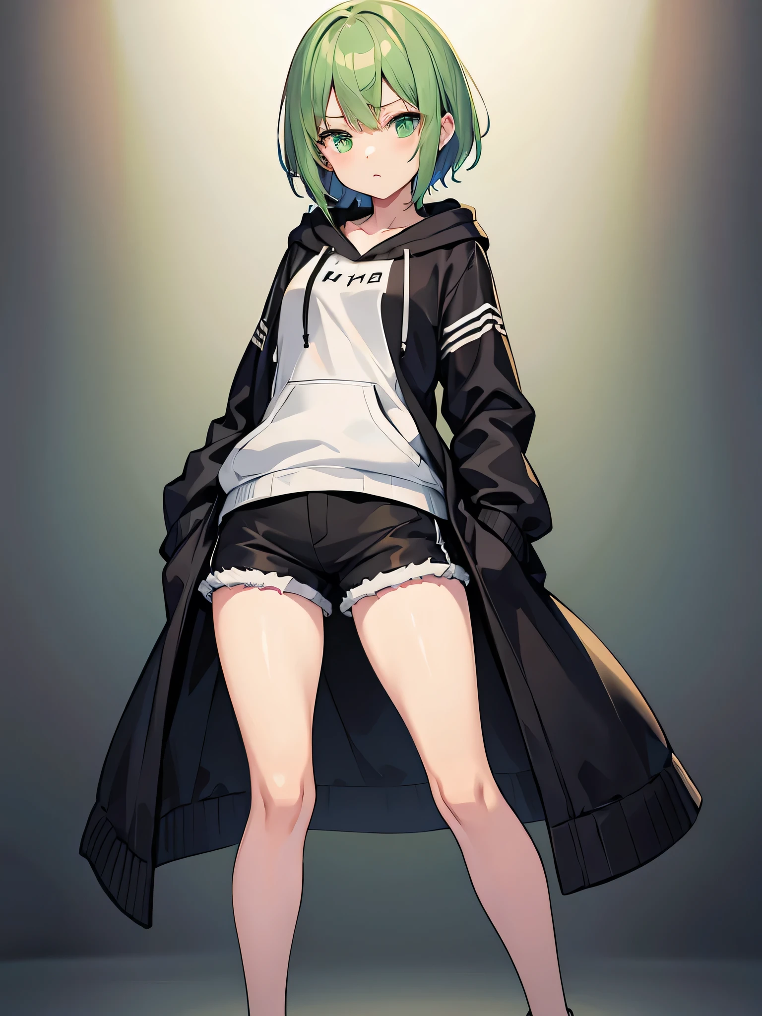 Masterpiece,High Quality,(Full Length 1.2),Animated Standing, Black Shorts,(Black and White Open Hoodie),Black Open Hoodie,(Green Hair 1.4),Animated Girl with short green hair and green eyes,(Detailed Eyes 1.6),(Clear Eyes 1.4),(Beautiful Eyes 1.4),(Shining Eyes 1 .4), White cyan, Green hair, Detailed key animated art, Animated portrait, Shining eyes, Green haired girl, Green light hair, Black shorts, Gray shoes, White socks, Thighs, 4K