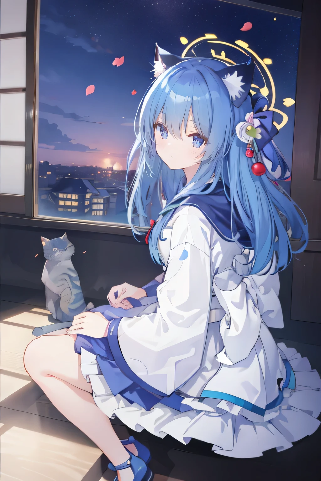 （masterpiece：1.2），Super detailed，lifelike，Expressive eyes，fair skin，perfect face shape，1 girl，
Japanese comics,Gorgeous blue hair,flowing blue hair,flowing clothes,Cat ears,Petals fall,beautiful lola,Baby Angel,
Shaking head with one hand，Cross your legs，Gentle and peaceful background，The pavilion is cool and comfortable,smile, wearing hoodie, background of tokyo,back views，Looking up from below。