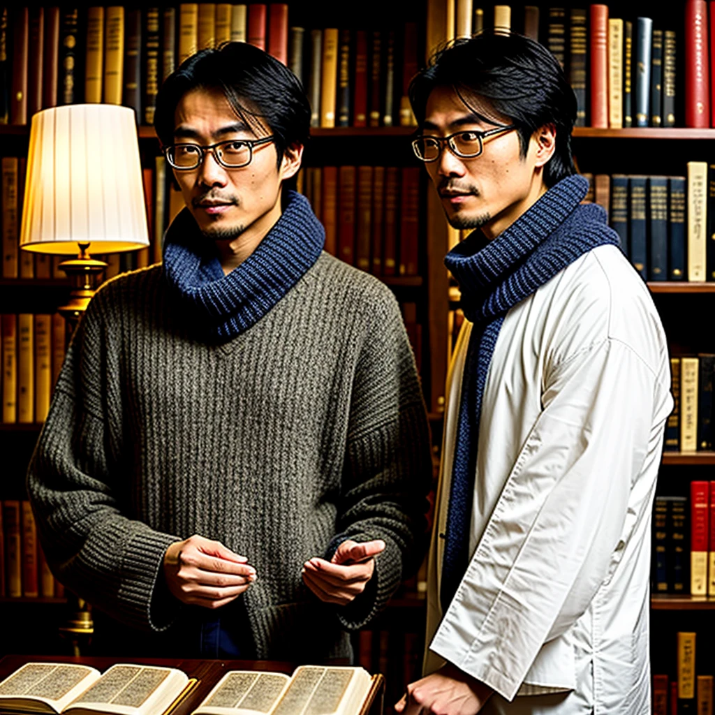 A realistic profile photo of a Japanese man who specializes in fortune-telling. He has a calm and wise demeanor, with medium-length, straight hair, and is clean-shaven. He wears glasses and is dressed in casual but elegant clothing, such as a sweater and a scarf. In the background, there are elements that hint at his profession, like mystical symbols, tarot cards, and a dimly lit, cozy setting with candles and bookshelves filled with ancient books.