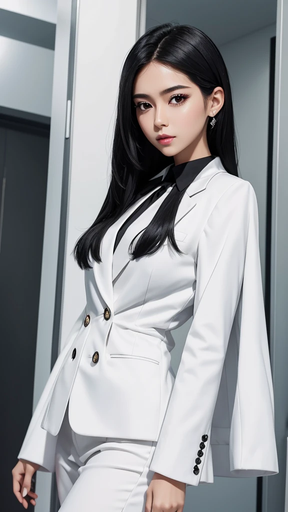 Creates a beautiful executive woman dressed in white clothes with black hair executive with a fixed gaze on what she wants
