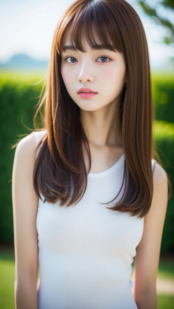 (best quality, 8k, 32k, masterpiece, UHD:1.2), ultra high resolution, (pretty a Korean early teen girl), portrait, semi long brown hair, bangs