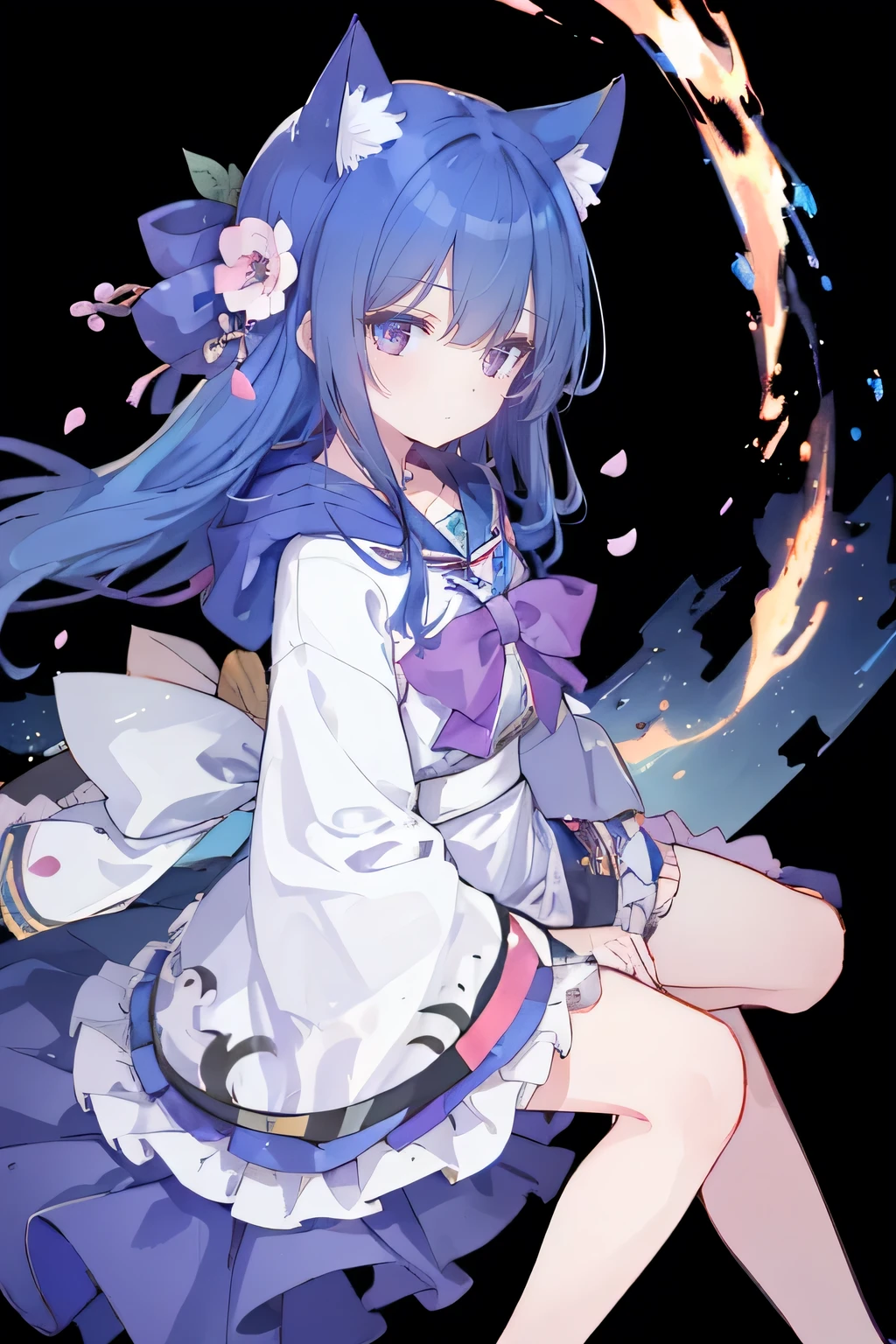 （masterpiece：1.2），Super detailed，lifelike，Expressive eyes，fair skin，perfect face shape，1 girl，
Japanese comics,Gorgeous blue hair,flowing blue hair,flowing clothes,Cat ears,Petals fall,beautiful lola,Baby Angel,
Shaking head with one hand，Cross your legs，Gentle and peaceful background，The pavilion is cool and comfortable,smile, wearing hoodie, background of tokyo,back views，Looking up from below。