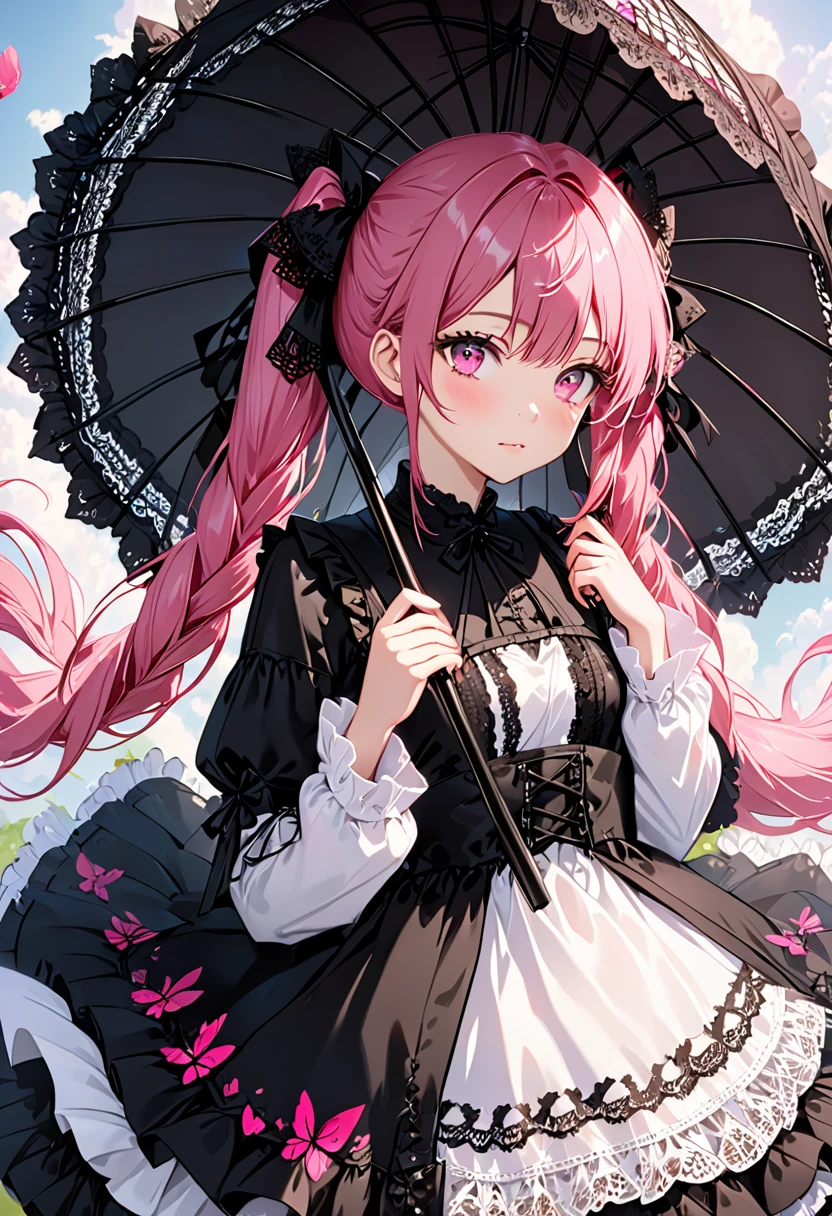 A beautiful girl with pink hair and pink eyes in twin tails, wearing black gothic lolita clothes with lots of lace, holding a black lace parasol  
