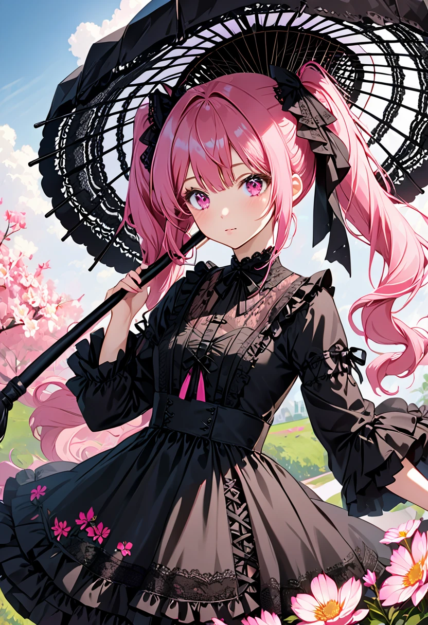 A beautiful girl with pink hair and pink eyes in twin tails, wearing black gothic lolita clothes with lots of lace, holding a black lace parasol  

