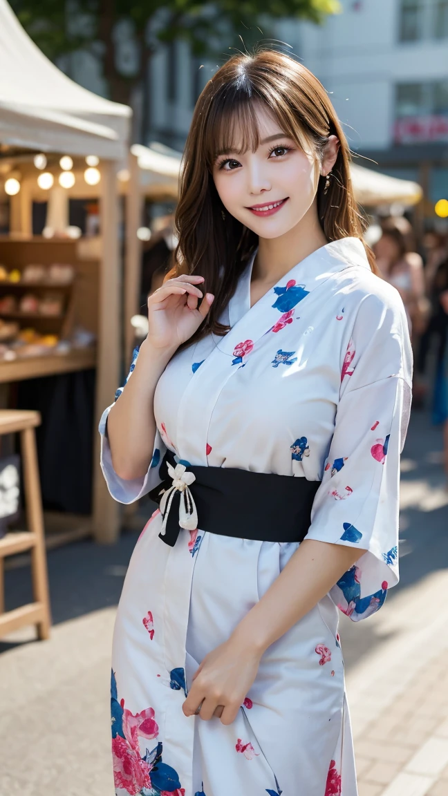 Summer festival stalls in Frankfurt , Highest quality, shape, Very detailed, In detail, High resolution, 8k wallpaper, Perfect dynamic composition, Beautiful details, Natural Lip, Colorful and cute yukata, Big Breasts, She is smiling in a cute pose.., A masterpiece of the whole body, Full Body Shot
