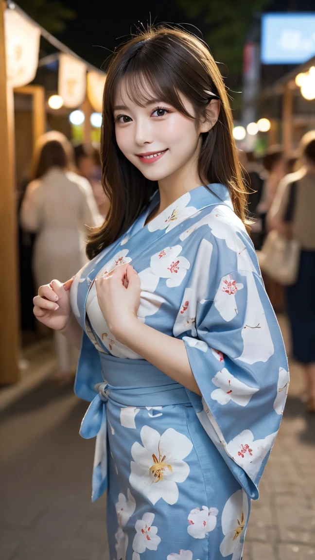 Summer festival stalls in Frankfurt , Highest quality, shape, Very detailed, In detail, High resolution, 8k wallpaper, Perfect dynamic composition, Beautiful details, Natural Lip, Colorful and cute yukata, Big Breasts, She is smiling in a cute pose.., A masterpiece of the whole body, Full Body Shot