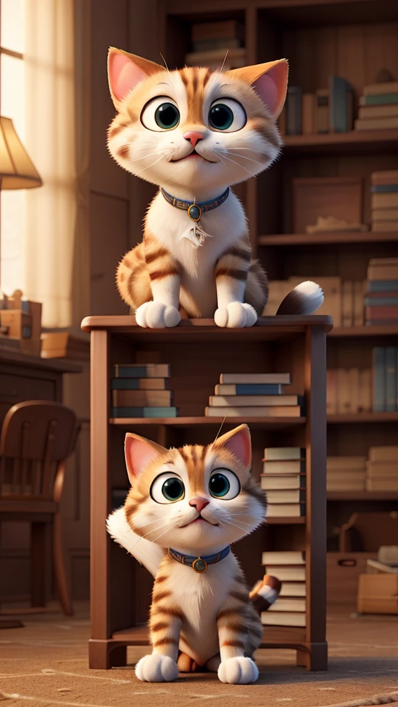 3d cartoon cat, Upper body muscular body, White sneakers, Reaching out to antiquity, Placed on a dimly lit bookshelf、A dusty book with strange symbols.