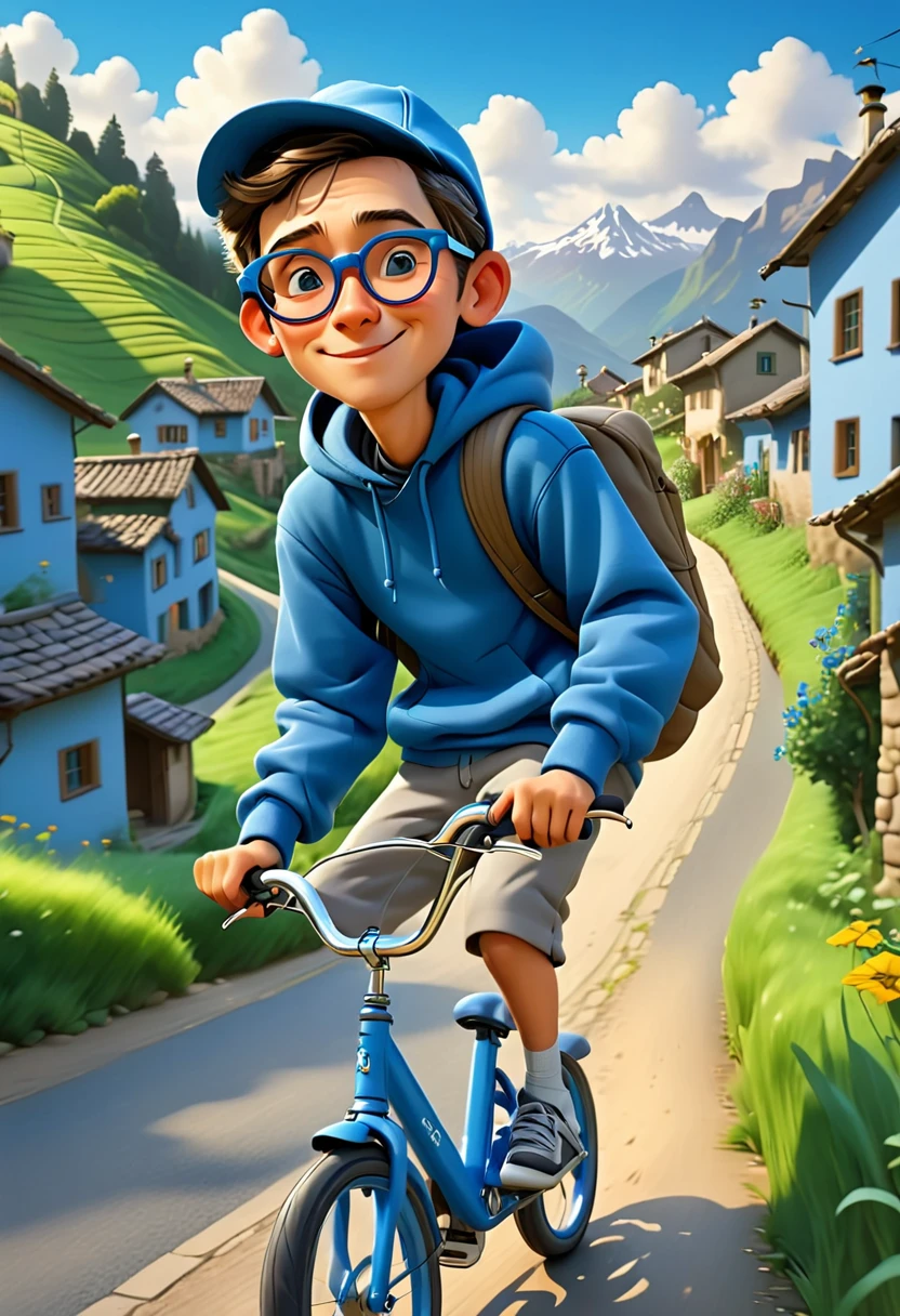4d Caricature Design A young man with glasses and a hoodie, riding a blue bicycle down a winding road in a mountainous village.