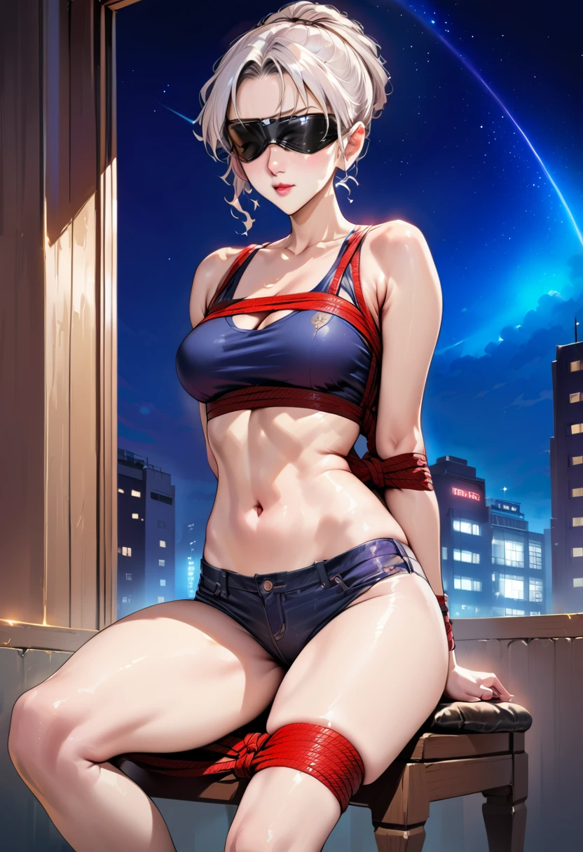 (ultra-realistic, highres, best quality, 4k, professional, cowboy shot, beauty sky, in the night, blindfold, bondage), an illustration in Full HD that showcases a 21-year-old girl's cool style, beauty eyes, sharp eyes. Her Asymmetric Pixie hairstyle, silver hair, short hair, and left-facing bangs with red highlights make her stand out, Smile, blushes, She's dressed fashioned clothes, short pants, bondage, rope bondage, full body bondage, blindfold, sitting on the chair, beauty sky，big breasts，fat hip，bare shoulders，bare stomach，, in the night, exuding confidence and individuality.