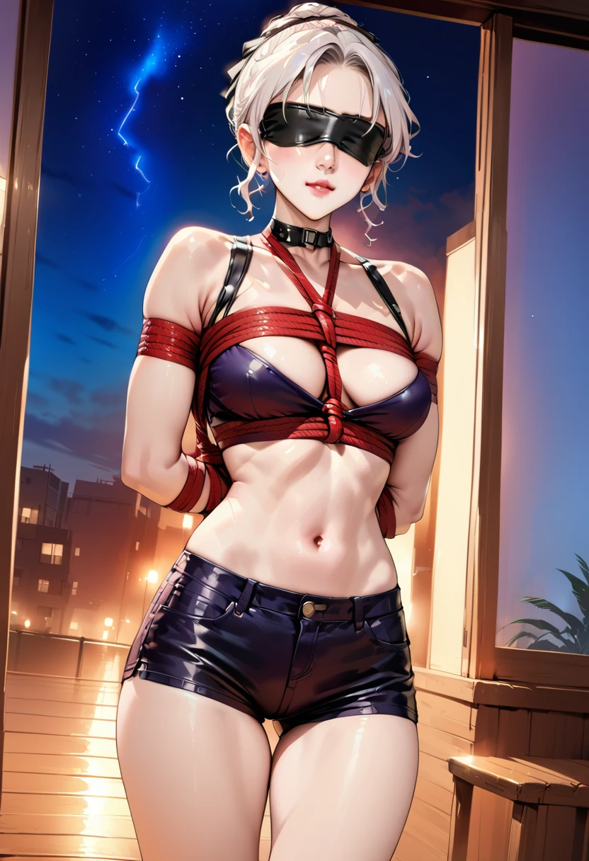 (ultra-realistic, highres, best quality, 4k, professional, cowboy shot, beauty sky, in the night, blindfold, bondage), an illustration in Full HD that showcases a 21-year-old girl's cool style, beauty eyes, sharp eyes. Her Asymmetric Pixie hairstyle, silver hair, short hair, and left-facing bangs with red highlights make her stand out, Smile, blushes, She's dressed fashioned clothes, short pants, bondage, rope bondage, full body bondage, blindfold, sitting on the chair, beauty sky，big breasts，fat hip，bare shoulders，bare stomach，, in the night, exuding confidence and individuality.