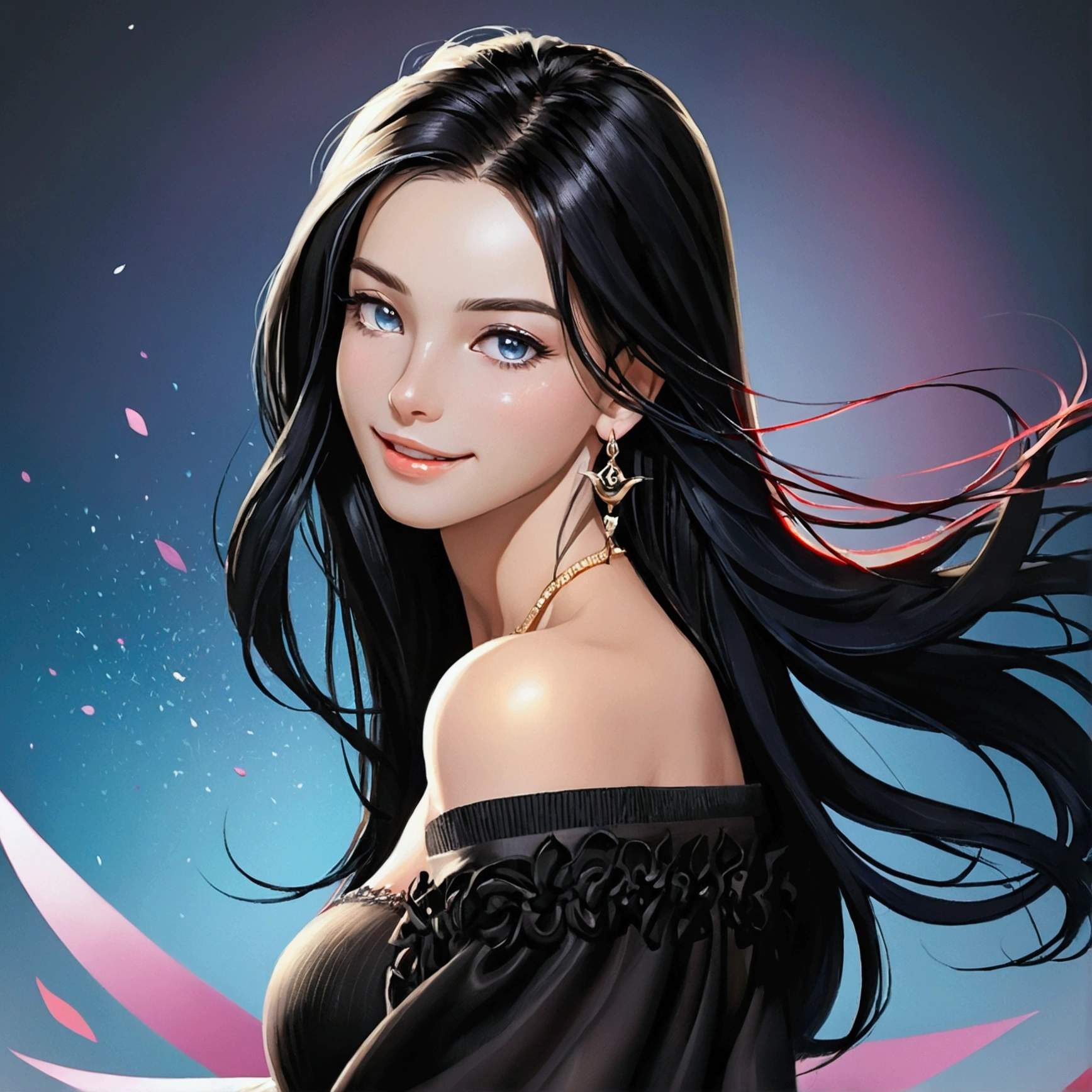 (Tabletop, Digital Art, Digital Illustration, 4K, 8k, Very detailed, Beautiful images, Clear images, Realistic, RAW Photos, Perfect Face, Perfect Lines, Perfect Eyes, Soft lighting) ,1 female, (Long black hair,Bullish gaze,Beautiful woman,Mouth closed,Grin,,thin,23-year-old female,:1.3),Wearing an off-the-shoulder black sweater, She looks at the viewer.、Earrings and necklace in rose gold、Black and blue gradient background
