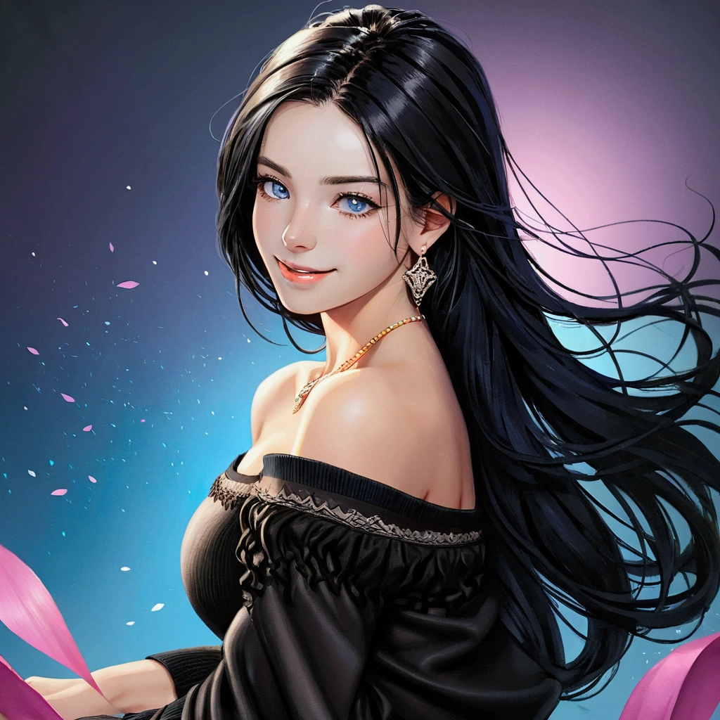 (Tabletop, Digital Art, Digital Illustration, 4K, 8k, Very detailed, Beautiful images, Clear images, Realistic, RAW Photos, Perfect Face, Perfect Lines, Perfect Eyes, Soft lighting) ,1 female, (Long black hair,Bullish gaze,Beautiful woman,Mouth closed,Grin,mature,thin,23-year-old female,:1.3),Wearing an off-the-shoulder black sweater, She looks at the viewer.、Earrings and necklace in rose gold、Black and blue gradient background