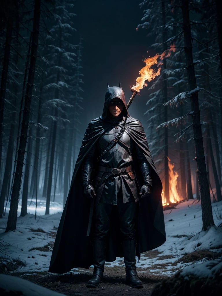 Hooded dark knight in a sinister forest alone with fire and ice sky opening mutating, sword