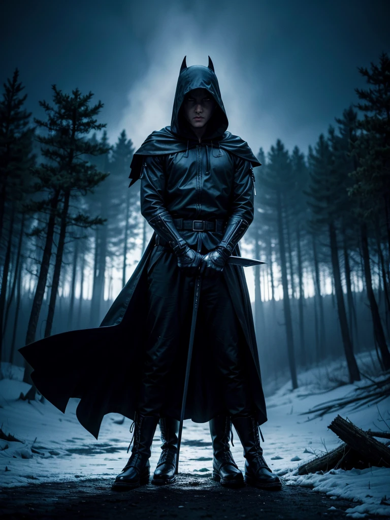 Hooded dark knight in a sinister forest alone with fire and ice sky opening mutating, sword