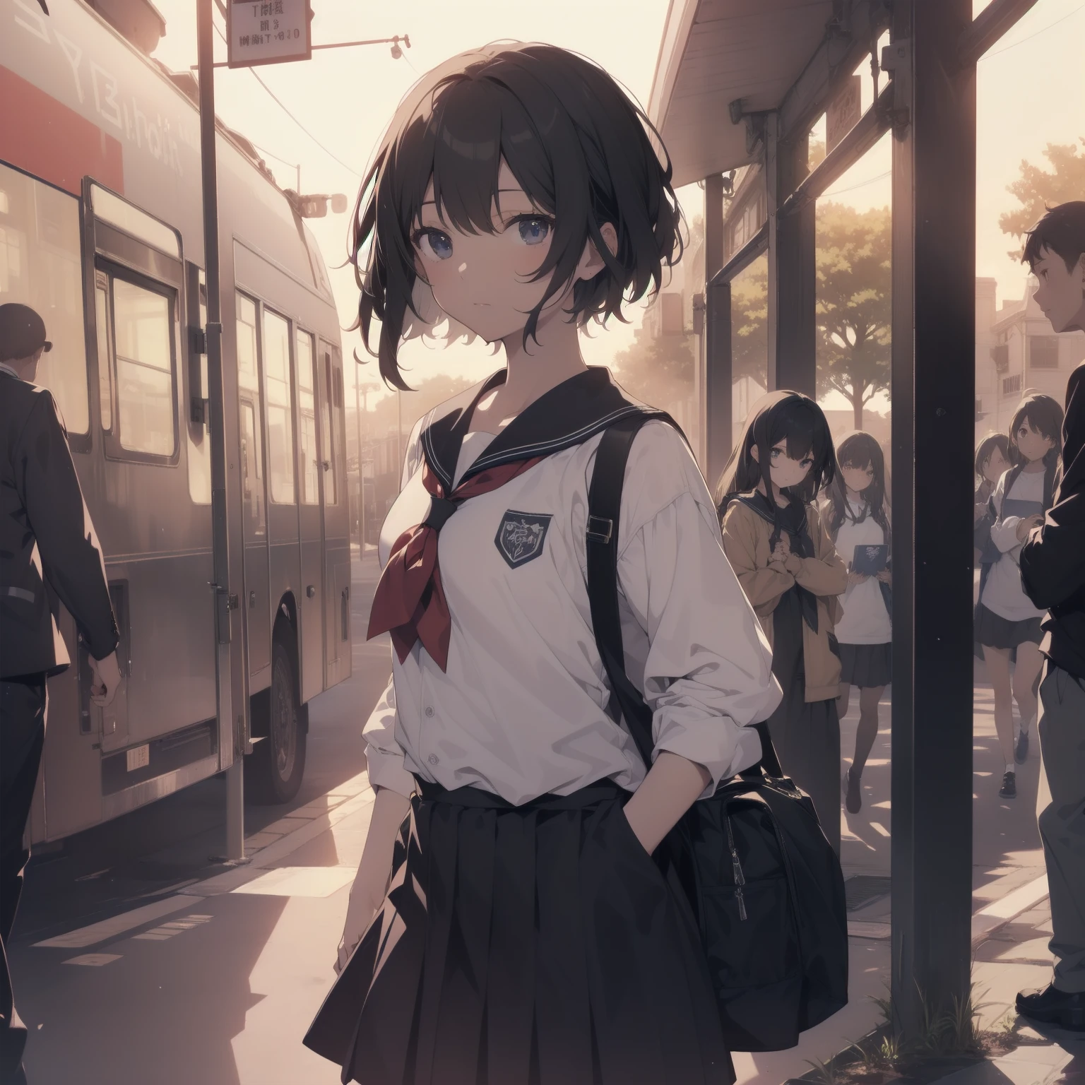 ultra-absurdres-Top quality by artist God, ultra-detailed, high resolution, anime moe artstyle, best anime 8k konachan wallpaper, pixiv contest winner, pool:2810, perfect anatomy,break, 1girl, (Please draw a girl walking sleepily to school alone. )break,(Solo,little female, 13-year-old:1.3),Full limbs, complete fingers,a junior high school student, (very short hair), short cut, flat chest, , small butt, small black eyes, beautiful detailed eyes, well-proportioned iris and pupils, expressive eyes, highres detailed hair, soft expression, salor school_uniform, sailor collar, serahuku, bow, pleated skirt,(Detailed Lighting), (Detailed background), in the School commute route. break,super detailed skin, Best cinematic lighting powered by famous artist, 8k,beauty illustration,photoshop_(medium),very aesthetic,break,((artist:kotorai )), artist:clamp ,artist:carnelian ,artist:kantoku ,
