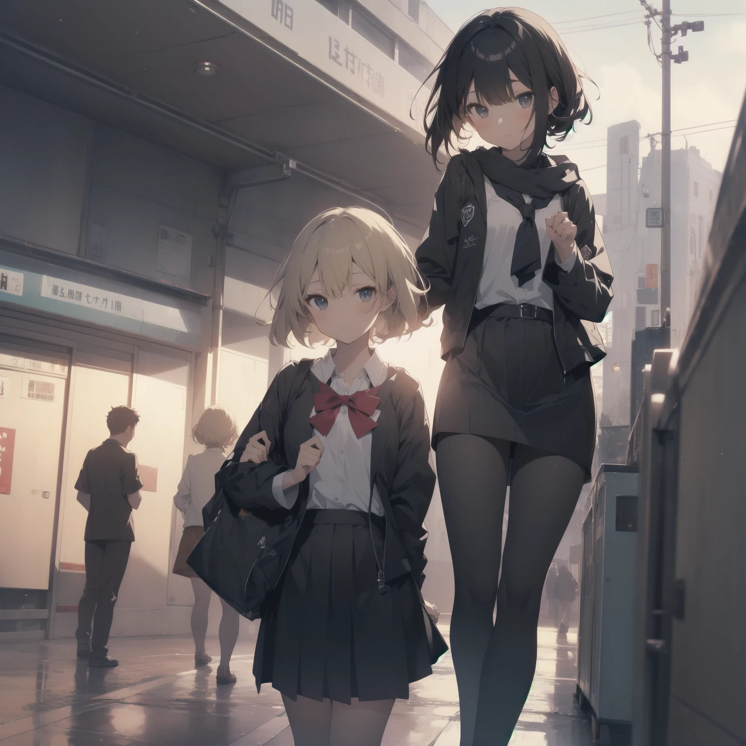 ultra-absurdres-Top quality by artist God, ultra-detailed, high resolution, anime moe artstyle, best anime 8k konachan wallpaper, pixiv contest winner, pool:2810, perfect anatomy,break, 1girl, (Please draw a girl walking sleepily to school alone. )break,(Solo,little female, 13-year-old:1.3),Full limbs, complete fingers,a junior high school student, (very short hair), short cut, flat chest, , small butt, small black eyes, beautiful detailed eyes, well-proportioned iris and pupils, expressive eyes, highres detailed hair, soft expression, salor school_uniform, sailor collar, serahuku, bow, pleated skirt,(Detailed Lighting), (Detailed background), in the School commute route. break,super detailed skin, Best cinematic lighting powered by famous artist, 8k,beauty illustration,photoshop_(medium),very aesthetic,break,((artist:kotorai )), artist:clamp ,artist:carnelian ,artist:kantoku ,