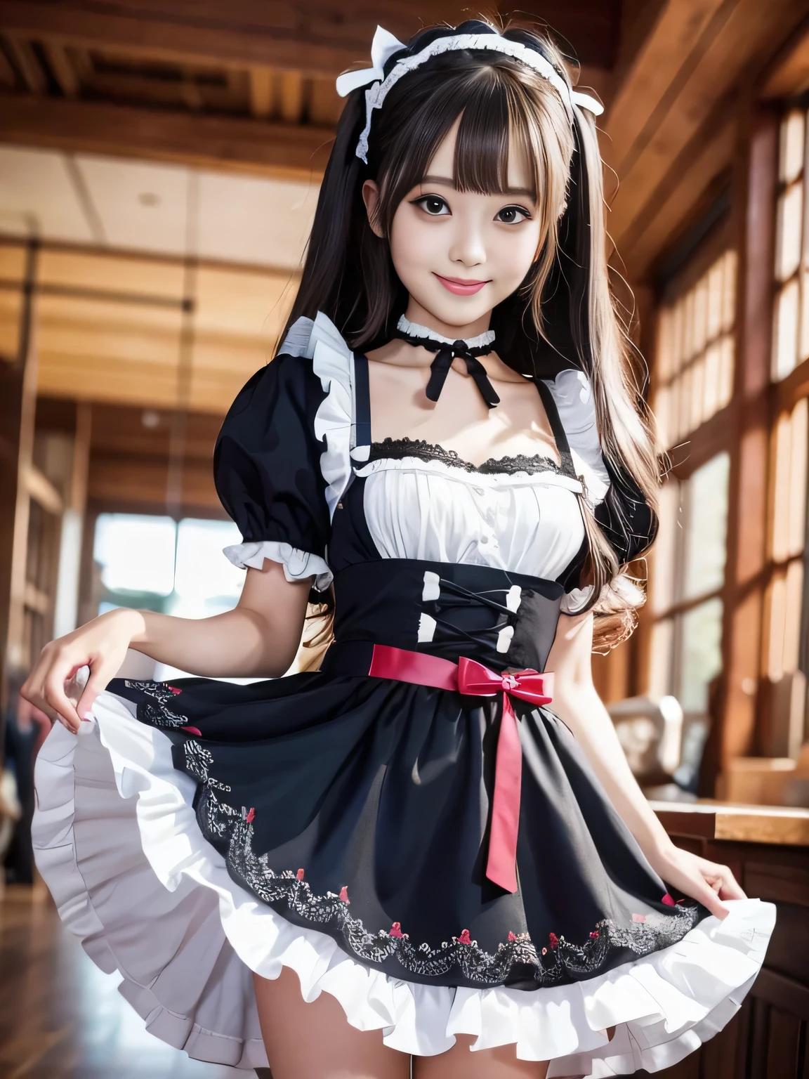 (8k、RAW Photos、Highest quality、masterpiece:1.2)、High heels、(Realistic、Photorealistic:1.37)、Ultra-detailed、Ultra-high resolution、Full Body Shot、Thighs、1 girl、Seeing the viewer、Beautifully detailed face、Laughter、narrow、(Narrow waist) :1.3)、Beautifully detailed skin、Skin Texture、Floating Hair、Professional Lighting、Human whole body、Black-haired、Japanese Height 、high school girl、maid Cafe、Maid outfit、Gothic Lolita Clothing、Lace Headband、Lace choker、Twin tail hairstyle、E cup breasts、Smile、18-year-old、Red ribbon、Baby Face、Childish smile、Sappin&#39;
