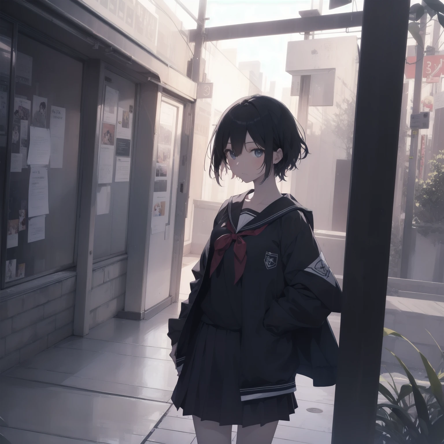 ultra-absurdres-Top quality by artist God, ultra-detailed, high resolution, anime moe artstyle, best anime 8k konachan wallpaper, pixiv contest winner, pool:2810, perfect anatomy,break, 1girl, (Please draw a girl walking sleepily to school alone. )break,(Solo,little female, 13-year-old:1.3),Full limbs, complete fingers,a junior high school student, (very short hair), short cut, flat chest, , small butt, small black eyes, beautiful detailed eyes, well-proportioned iris and pupils, expressive eyes, highres detailed hair, soft expression, salor school_uniform, sailor collar, serahuku, bow, pleated skirt,(Detailed Lighting), (Detailed background), in the School commute route. break,super detailed skin, Best cinematic lighting powered by famous artist, 8k,beauty illustration,photoshop_(medium),very aesthetic,break,((artist:kotorai )), artist:clamp ,artist:carnelian ,artist:kantoku ,