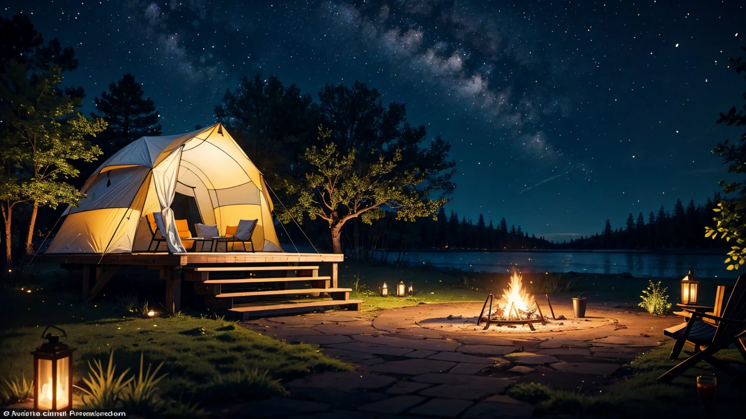 Nobody was there,Individual tent with fire pit and sun loungers,On a beautiful night,lying in the forest,There are stars in the sky