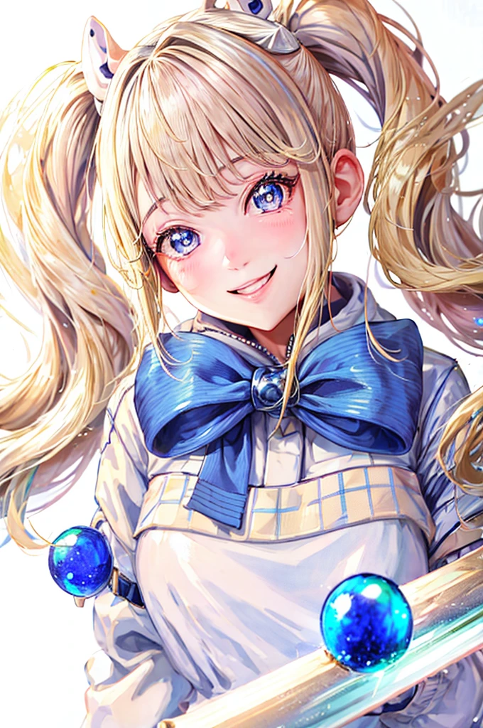 Highest quality,smile,girl,cute,Twin tails,Blonde,blue eyes,Sparkling,White background,