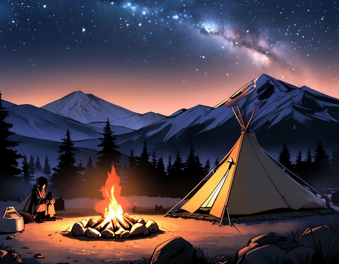 Fantasy,unmanned,background,Rocky Mountain,Rugged Mountain,night,campsite,campsite,Small bonfire,Starry Sky,穏やかなnight,ゲームFantasy,Primitive tent,,,,,